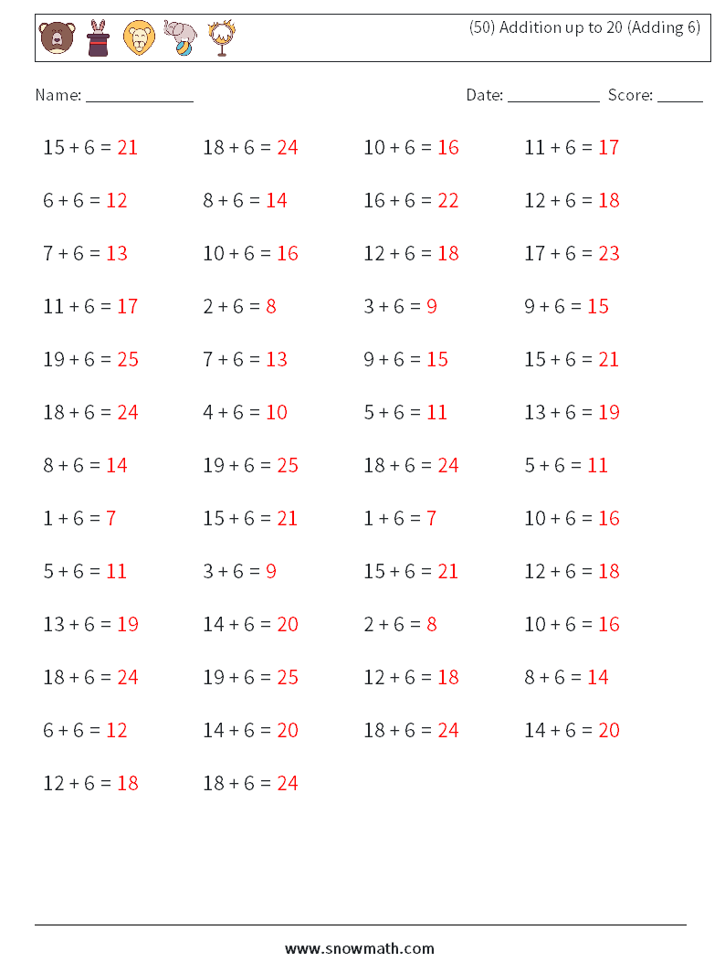 (50) Addition up to 20 (Adding 6) Math Worksheets 3 Question, Answer