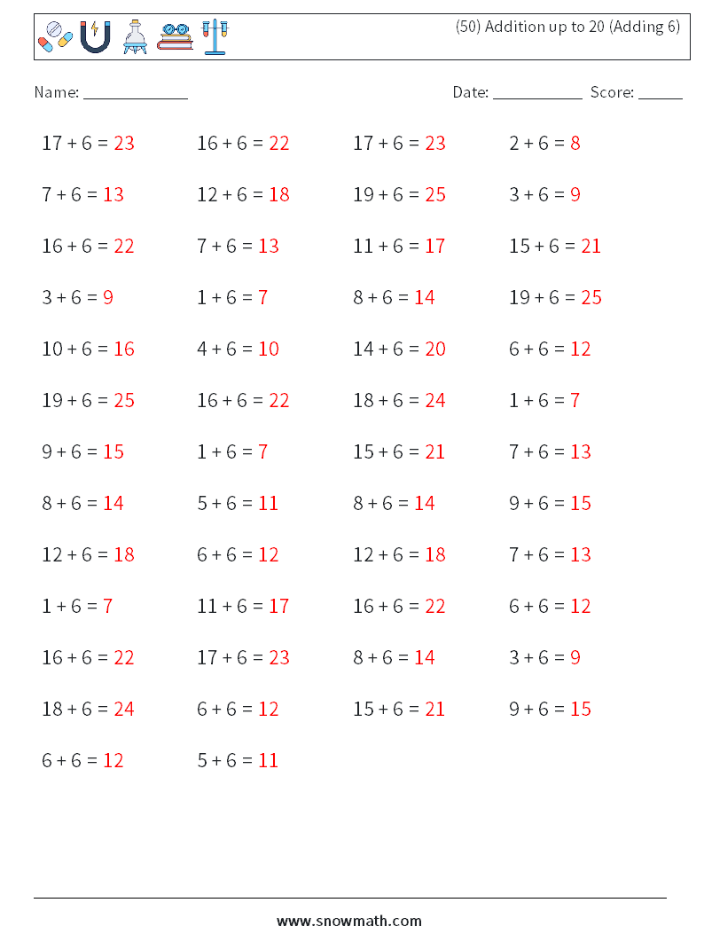 (50) Addition up to 20 (Adding 6) Math Worksheets 4 Question, Answer