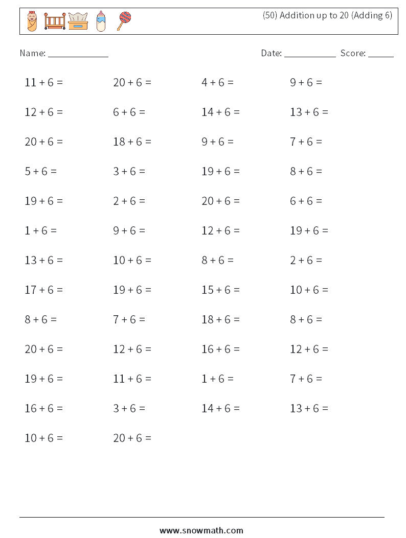 (50) Addition up to 20 (Adding 6) Math Worksheets 5