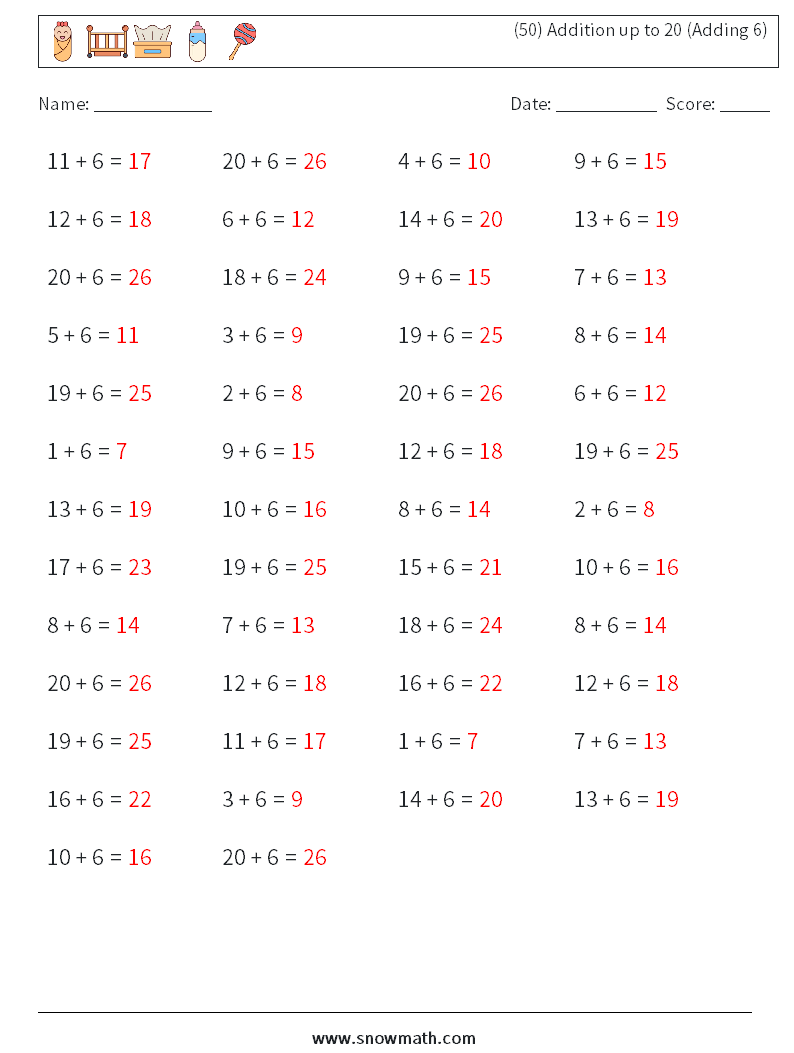 (50) Addition up to 20 (Adding 6) Math Worksheets 5 Question, Answer