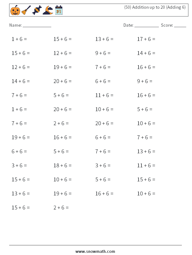(50) Addition up to 20 (Adding 6) Math Worksheets 6