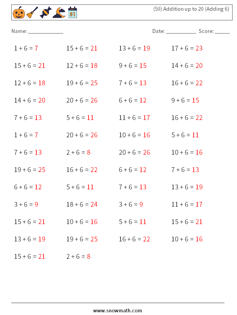 (50) Addition up to 20 (Adding 6) Math Worksheets 6 Question, Answer