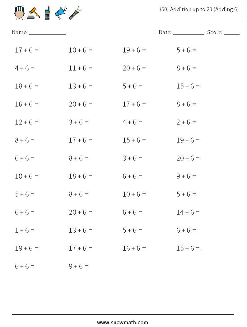 (50) Addition up to 20 (Adding 6) Math Worksheets 7