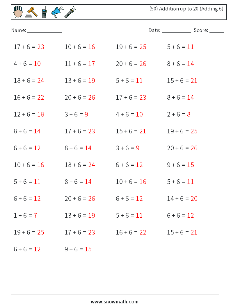 (50) Addition up to 20 (Adding 6) Math Worksheets 7 Question, Answer
