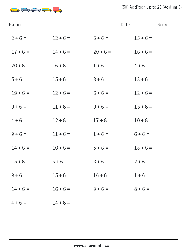 (50) Addition up to 20 (Adding 6) Math Worksheets 8