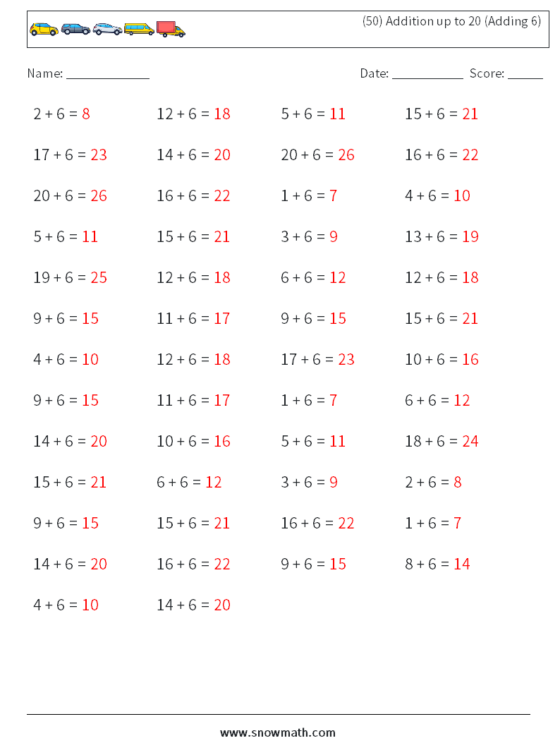 (50) Addition up to 20 (Adding 6) Math Worksheets 8 Question, Answer