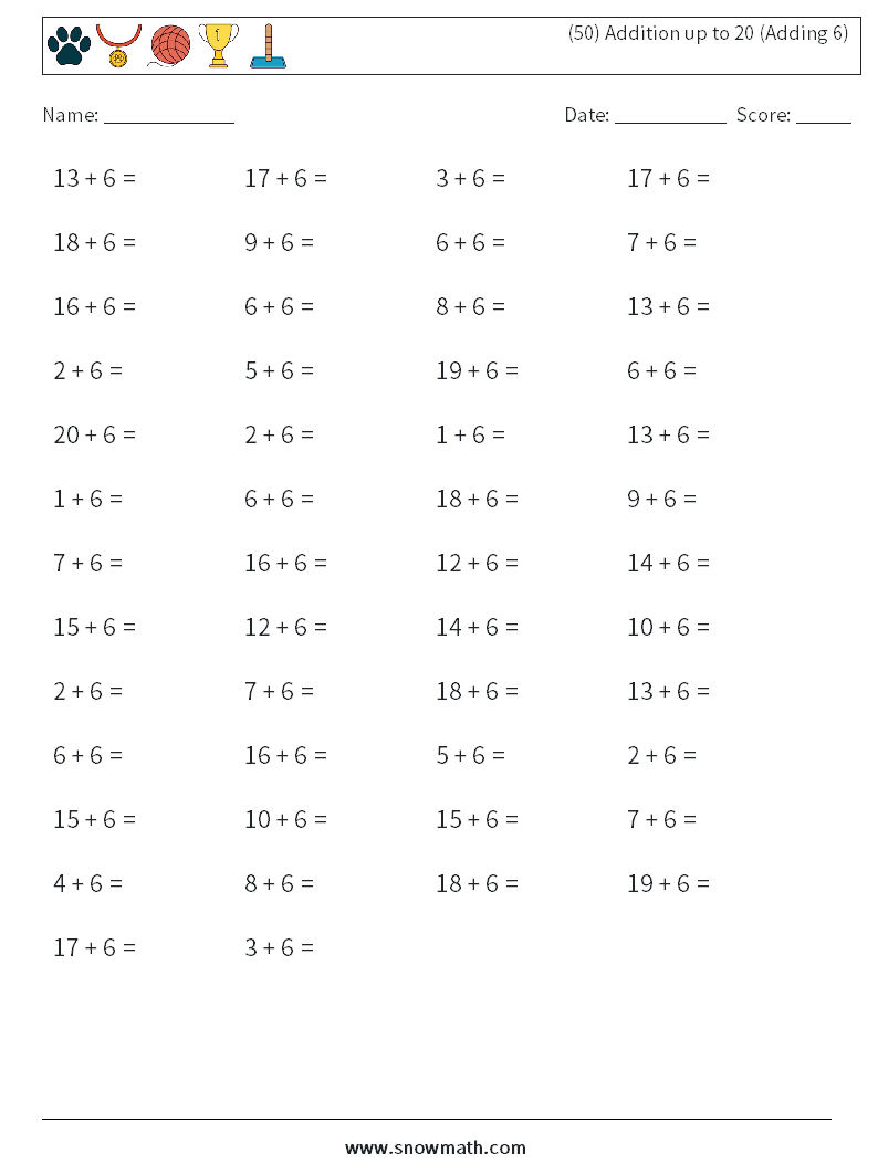 (50) Addition up to 20 (Adding 6) Math Worksheets 9