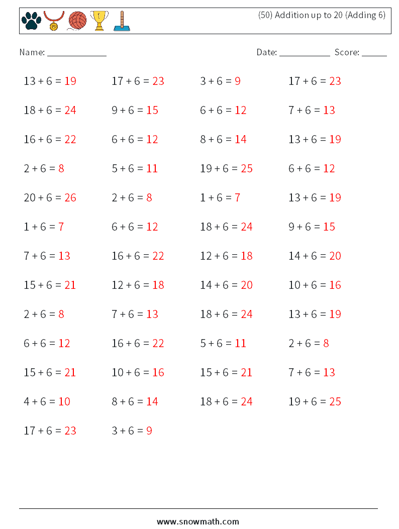 (50) Addition up to 20 (Adding 6) Math Worksheets 9 Question, Answer