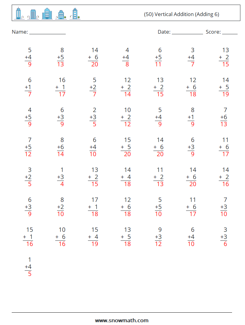 (50) Vertical  Addition (Adding 6) Math Worksheets 10 Question, Answer