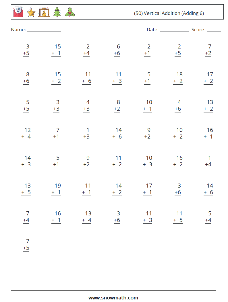 (50) Vertical  Addition (Adding 6) Math Worksheets 11