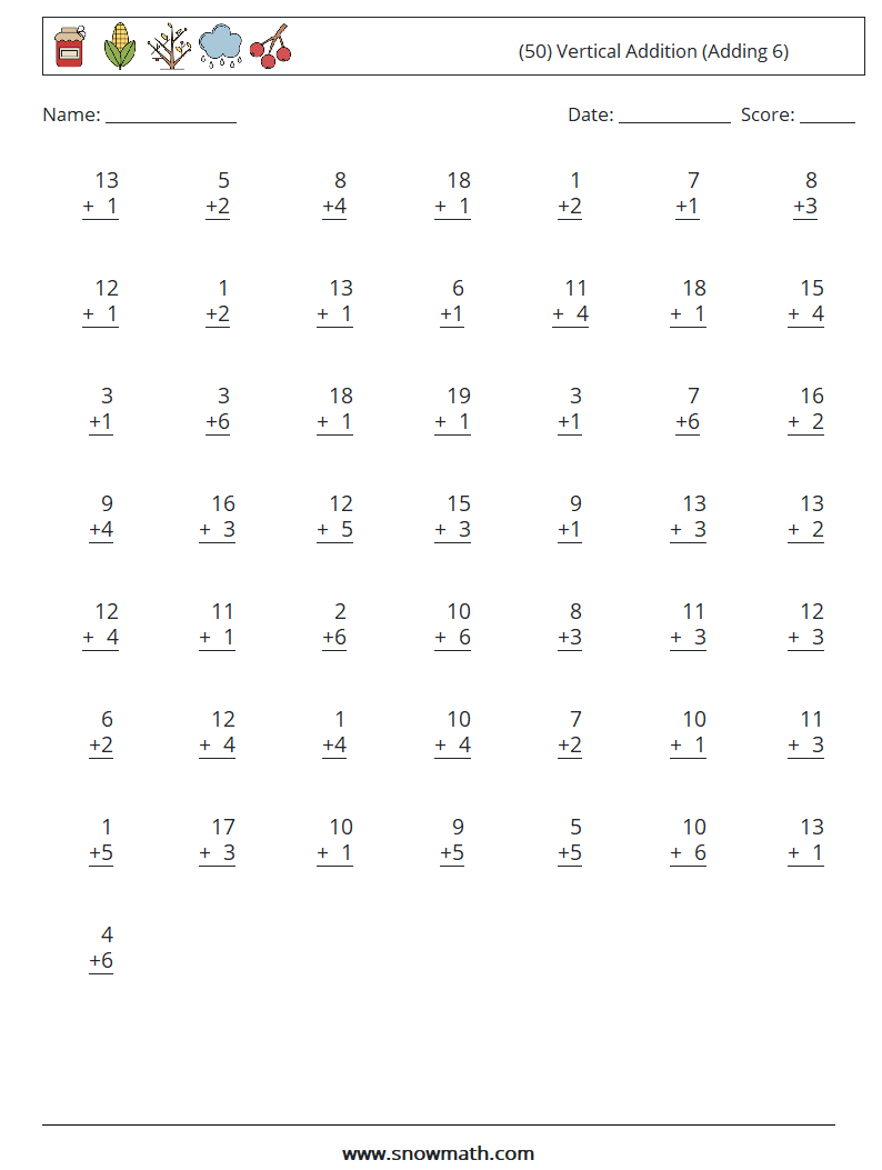 (50) Vertical  Addition (Adding 6) Math Worksheets 12