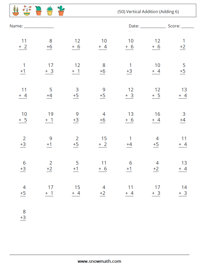 (50) Vertical  Addition (Adding 6) Math Worksheets 13