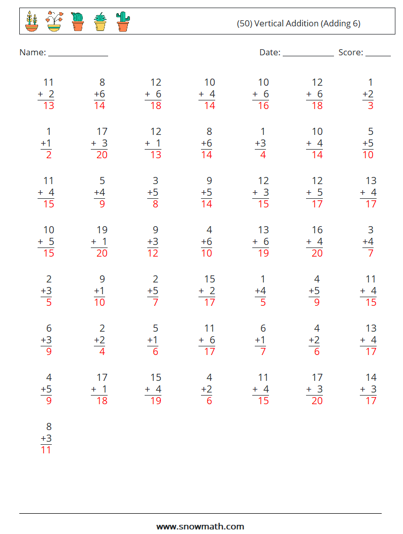 (50) Vertical  Addition (Adding 6) Math Worksheets 13 Question, Answer