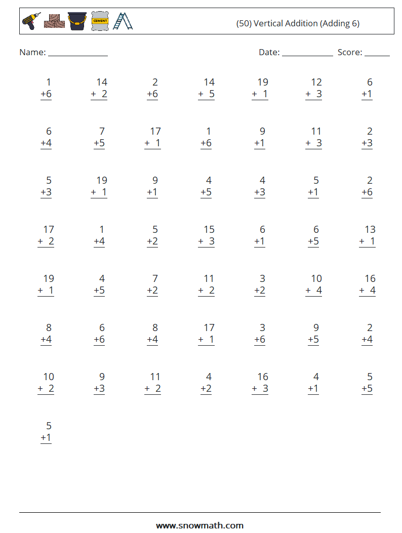 (50) Vertical  Addition (Adding 6) Math Worksheets 14