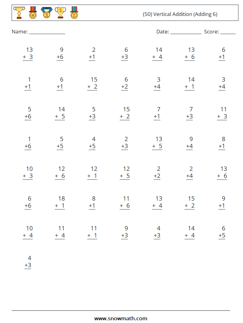 (50) Vertical  Addition (Adding 6) Math Worksheets 15