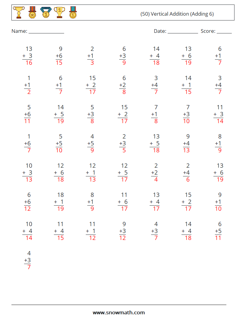 (50) Vertical  Addition (Adding 6) Math Worksheets 15 Question, Answer