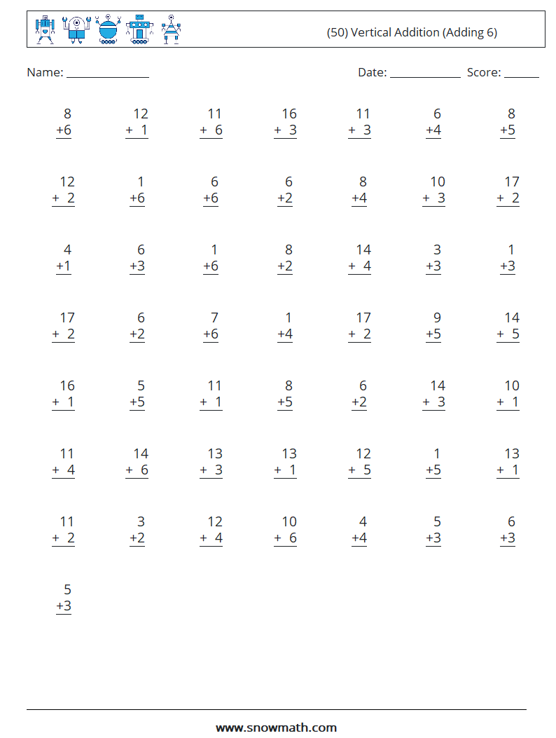 (50) Vertical  Addition (Adding 6) Math Worksheets 16