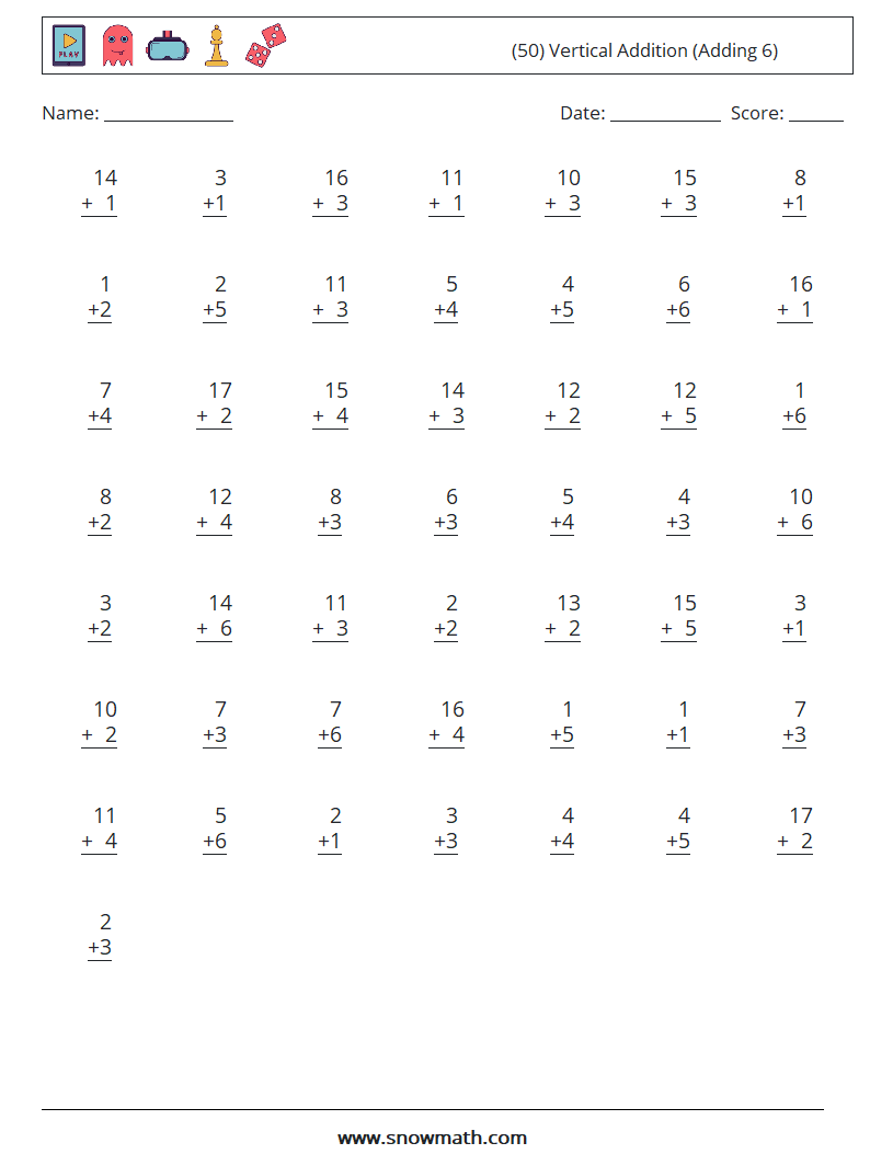 (50) Vertical  Addition (Adding 6) Math Worksheets 17