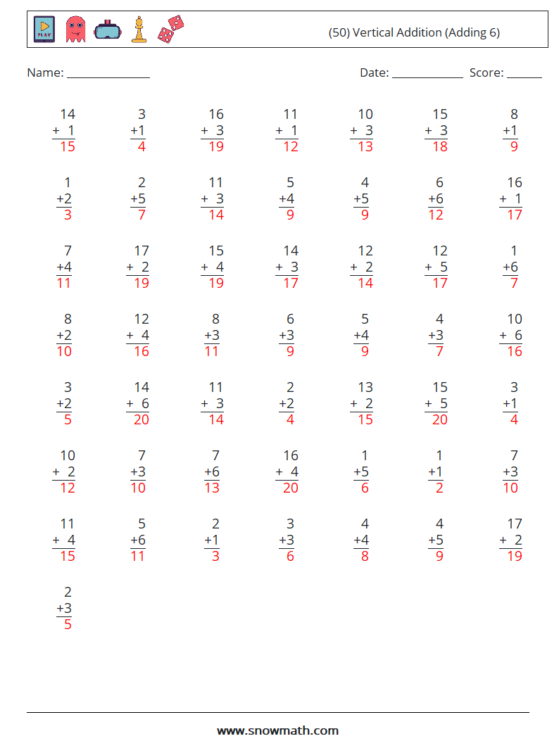 (50) Vertical  Addition (Adding 6) Math Worksheets 17 Question, Answer