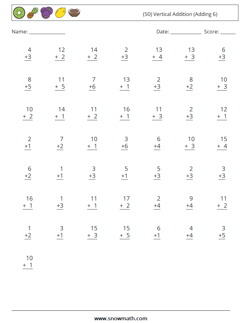 (50) Vertical  Addition (Adding 6) Math Worksheets 18