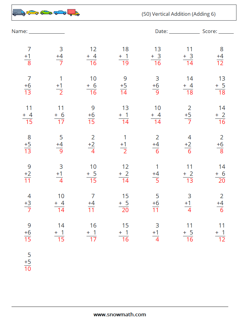 (50) Vertical  Addition (Adding 6) Math Worksheets 1 Question, Answer