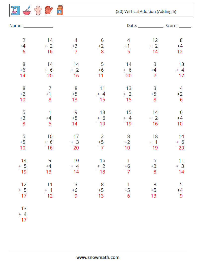 (50) Vertical  Addition (Adding 6) Math Worksheets 2 Question, Answer