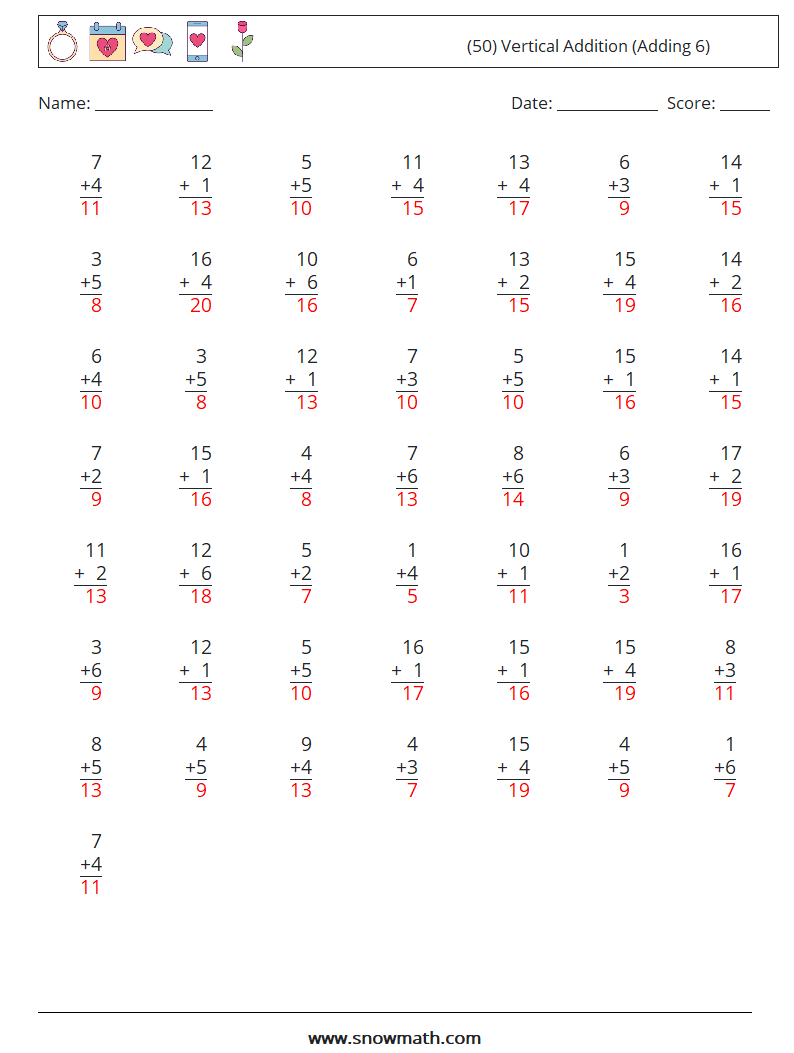 (50) Vertical  Addition (Adding 6) Math Worksheets 3 Question, Answer