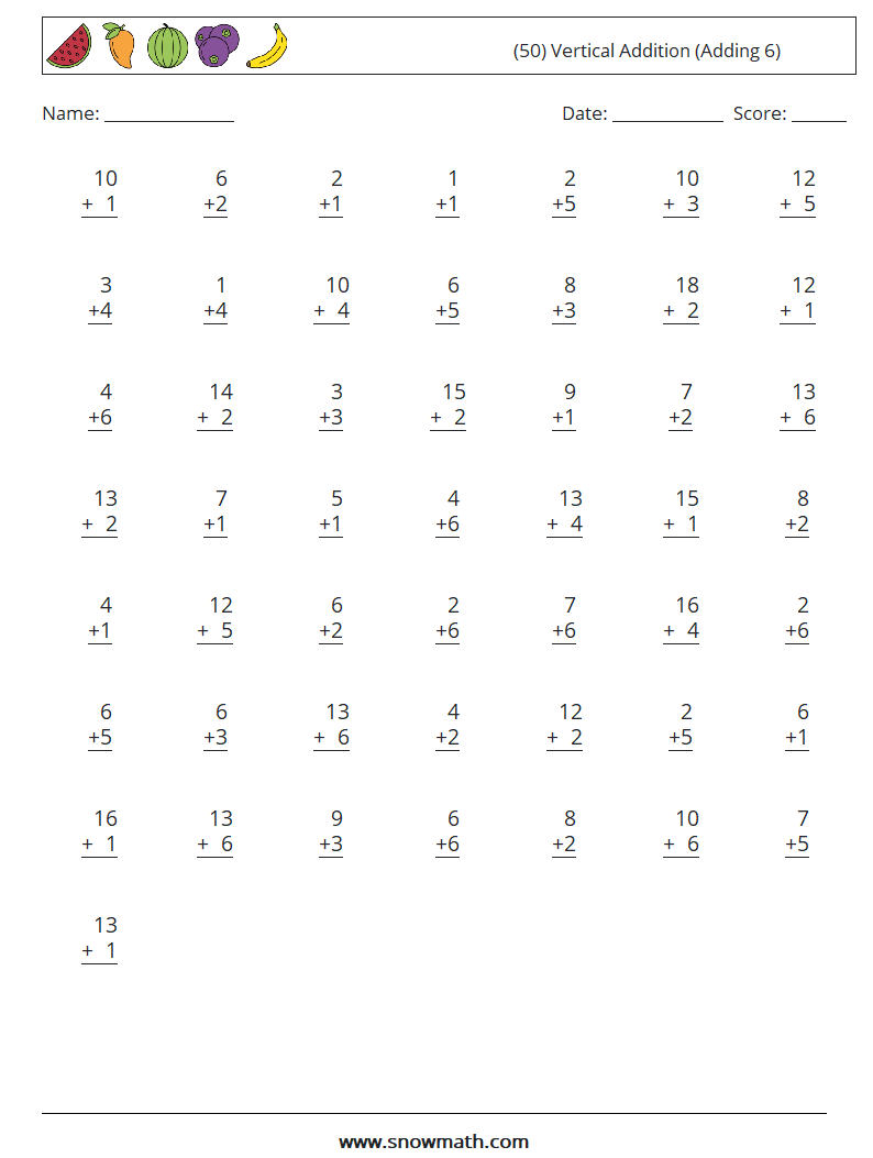 (50) Vertical  Addition (Adding 6) Math Worksheets 4