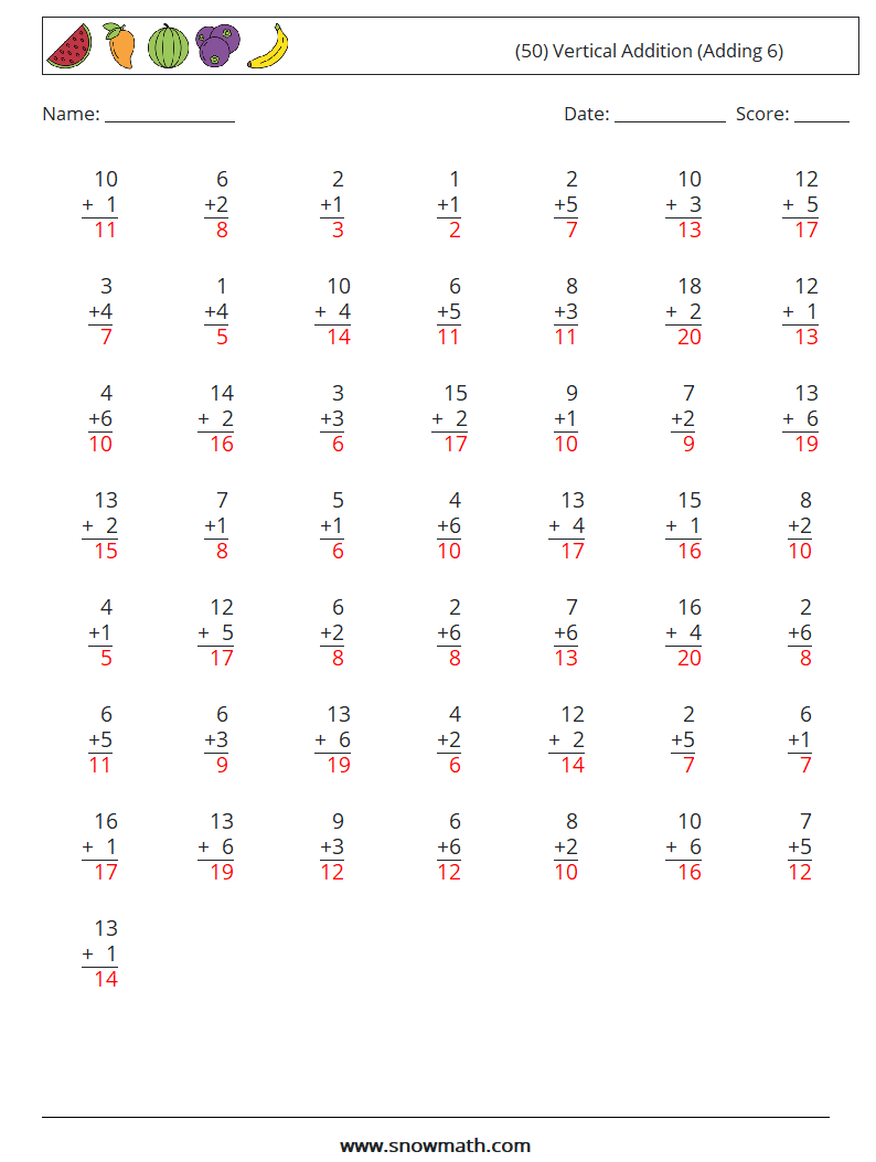 (50) Vertical  Addition (Adding 6) Math Worksheets 4 Question, Answer