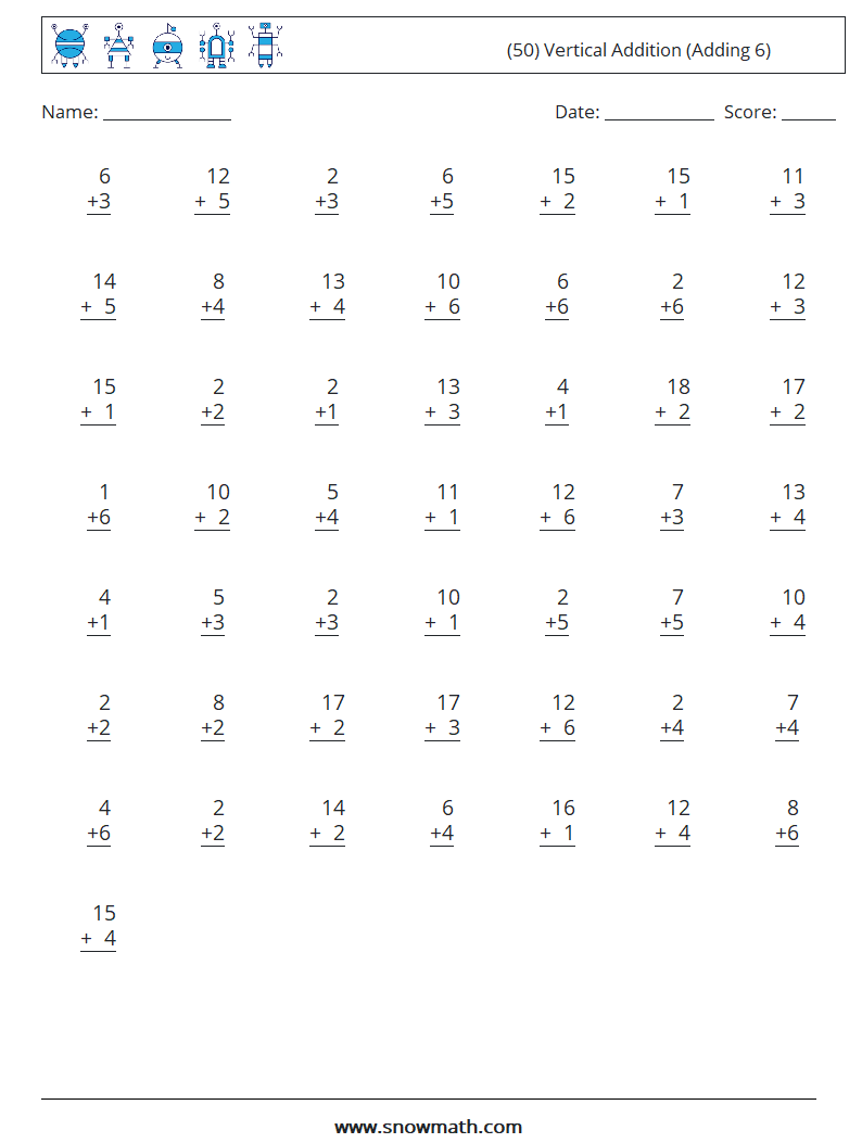 (50) Vertical  Addition (Adding 6) Math Worksheets 5