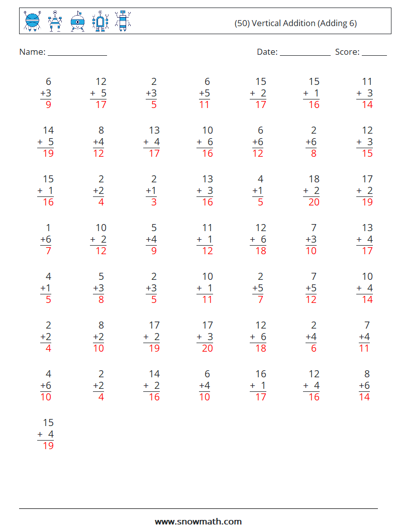 (50) Vertical  Addition (Adding 6) Math Worksheets 5 Question, Answer