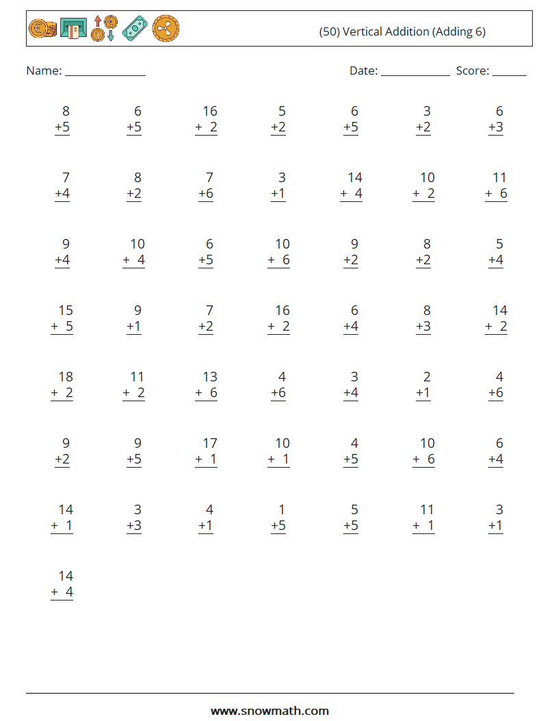 (50) Vertical  Addition (Adding 6) Math Worksheets 6