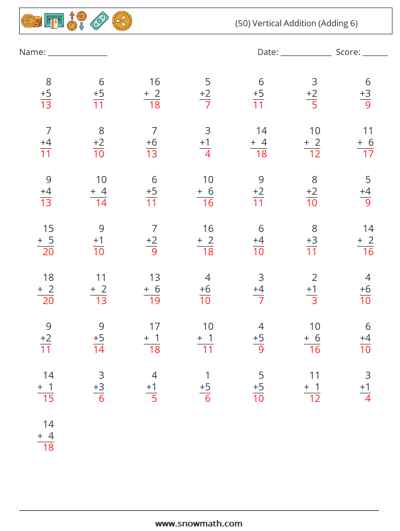 (50) Vertical  Addition (Adding 6) Math Worksheets 6 Question, Answer