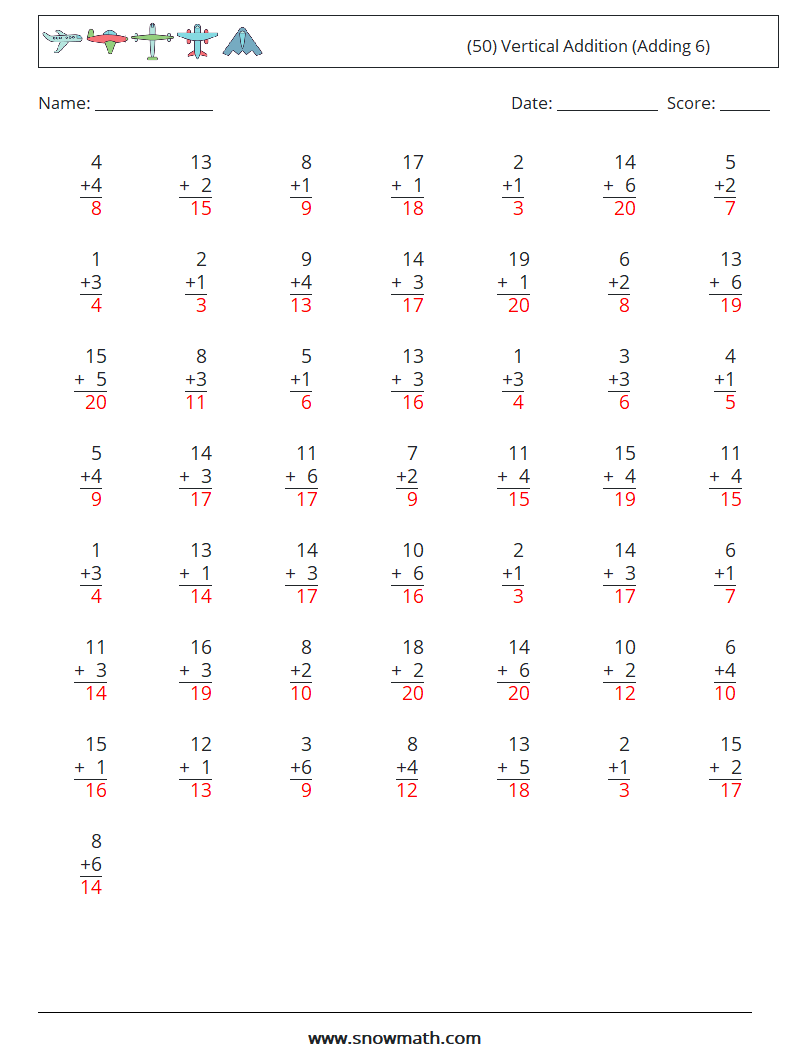 (50) Vertical  Addition (Adding 6) Math Worksheets 7 Question, Answer