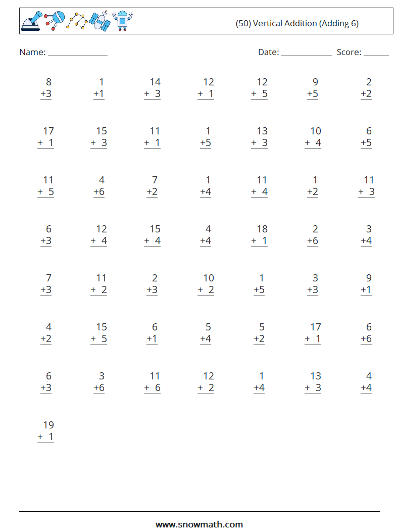 (50) Vertical  Addition (Adding 6) Math Worksheets 8