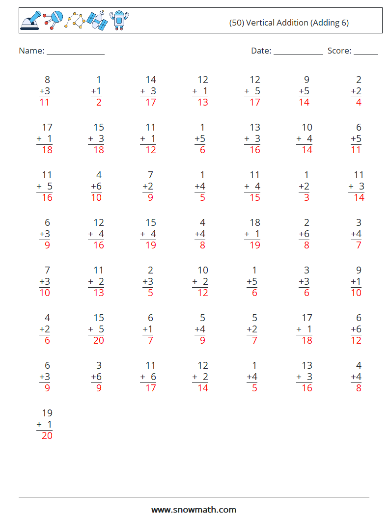 (50) Vertical  Addition (Adding 6) Math Worksheets 8 Question, Answer