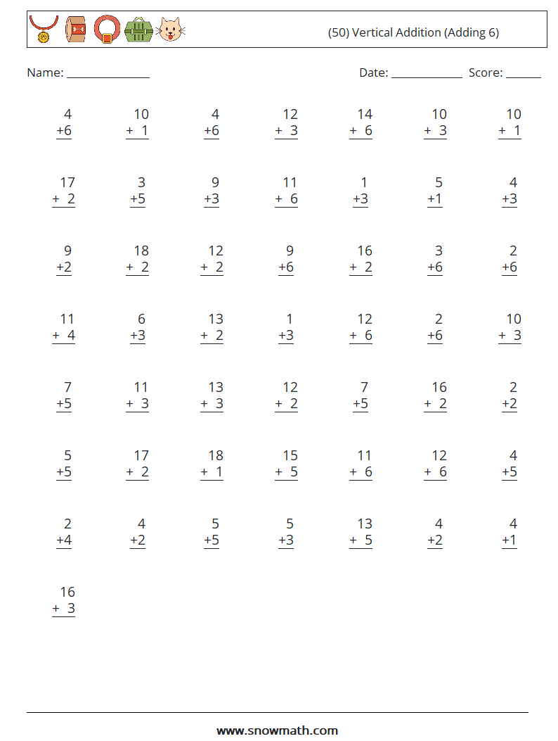 (50) Vertical  Addition (Adding 6) Math Worksheets 9
