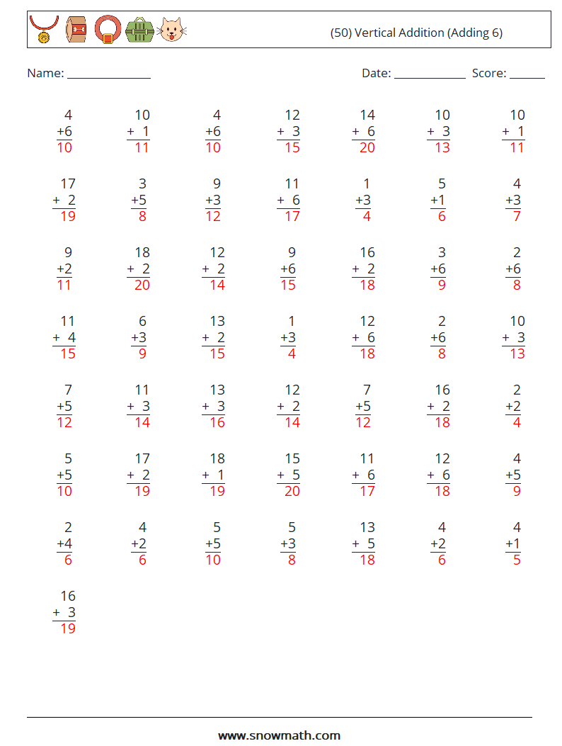 (50) Vertical  Addition (Adding 6) Math Worksheets 9 Question, Answer