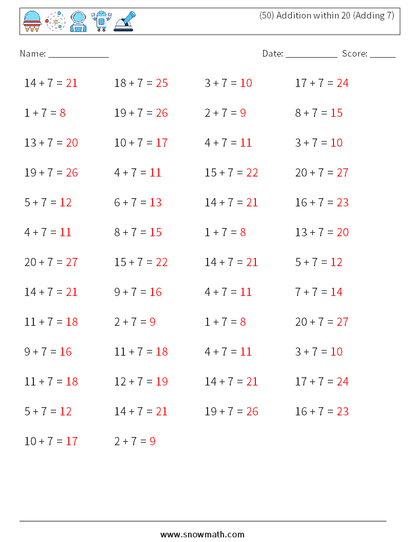 (50) Addition within 20 (Adding 7) Math Worksheets 2 Question, Answer