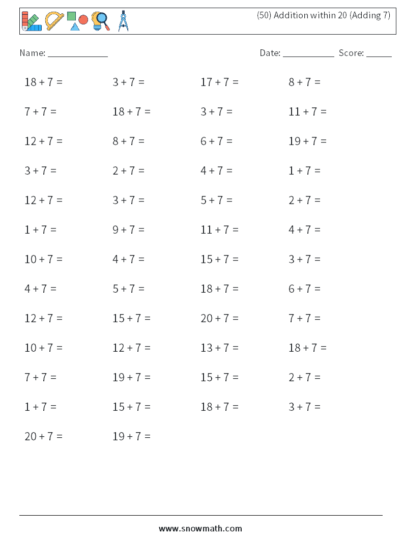 (50) Addition within 20 (Adding 7) Math Worksheets 3