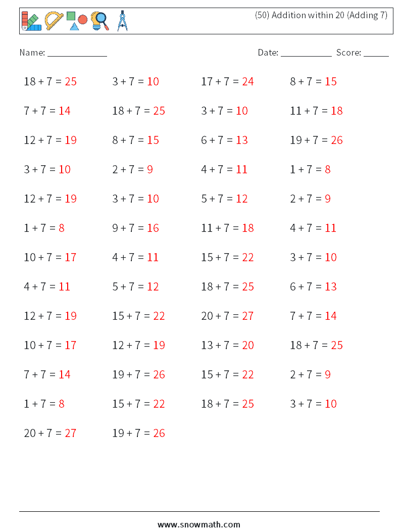 (50) Addition within 20 (Adding 7) Math Worksheets 3 Question, Answer