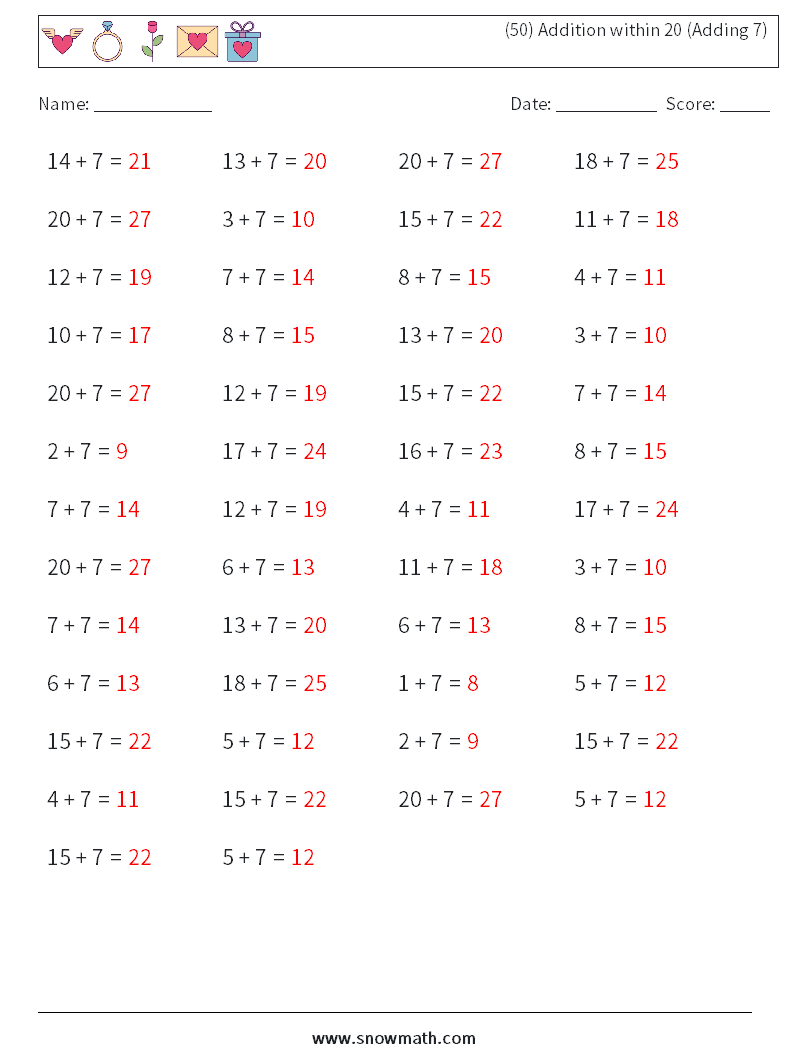 (50) Addition within 20 (Adding 7) Math Worksheets 4 Question, Answer