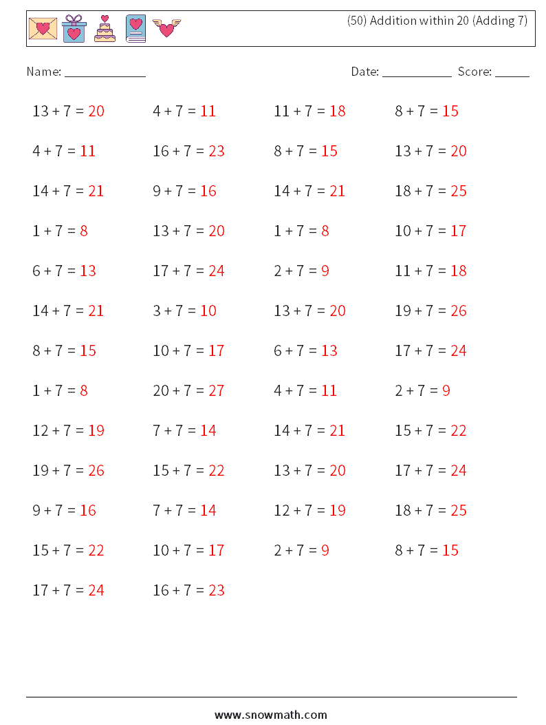(50) Addition within 20 (Adding 7) Math Worksheets 5 Question, Answer