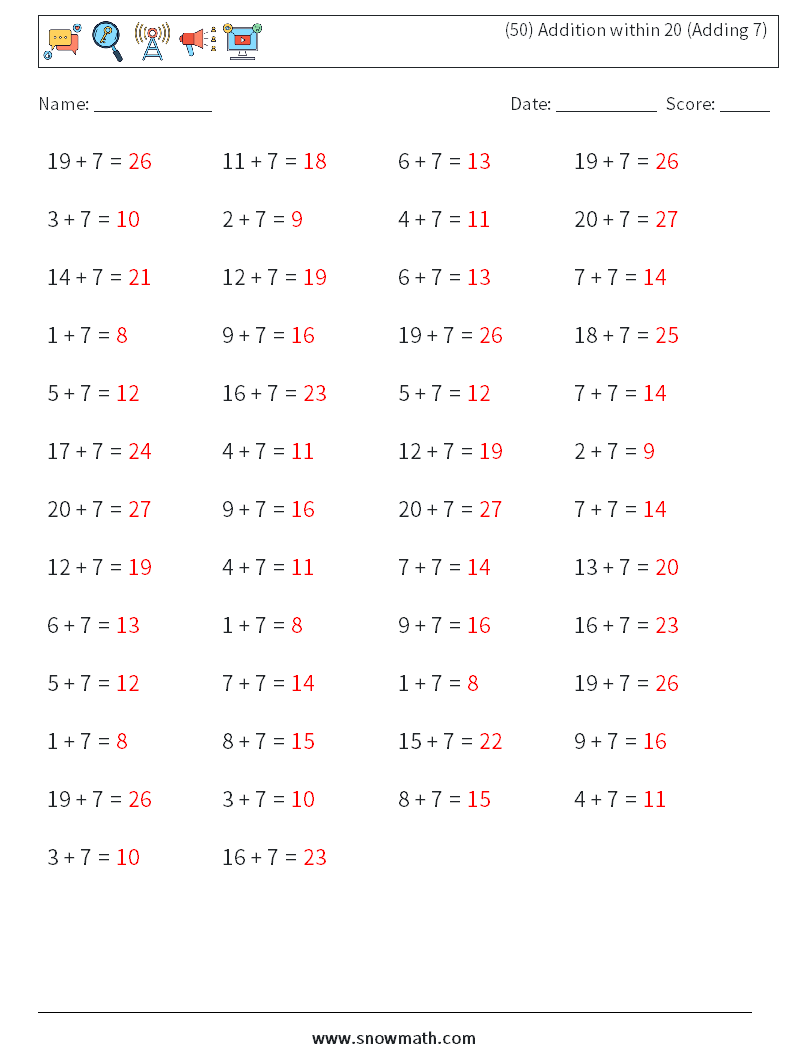 (50) Addition within 20 (Adding 7) Math Worksheets 6 Question, Answer