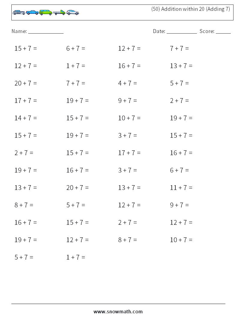 (50) Addition within 20 (Adding 7) Math Worksheets 7