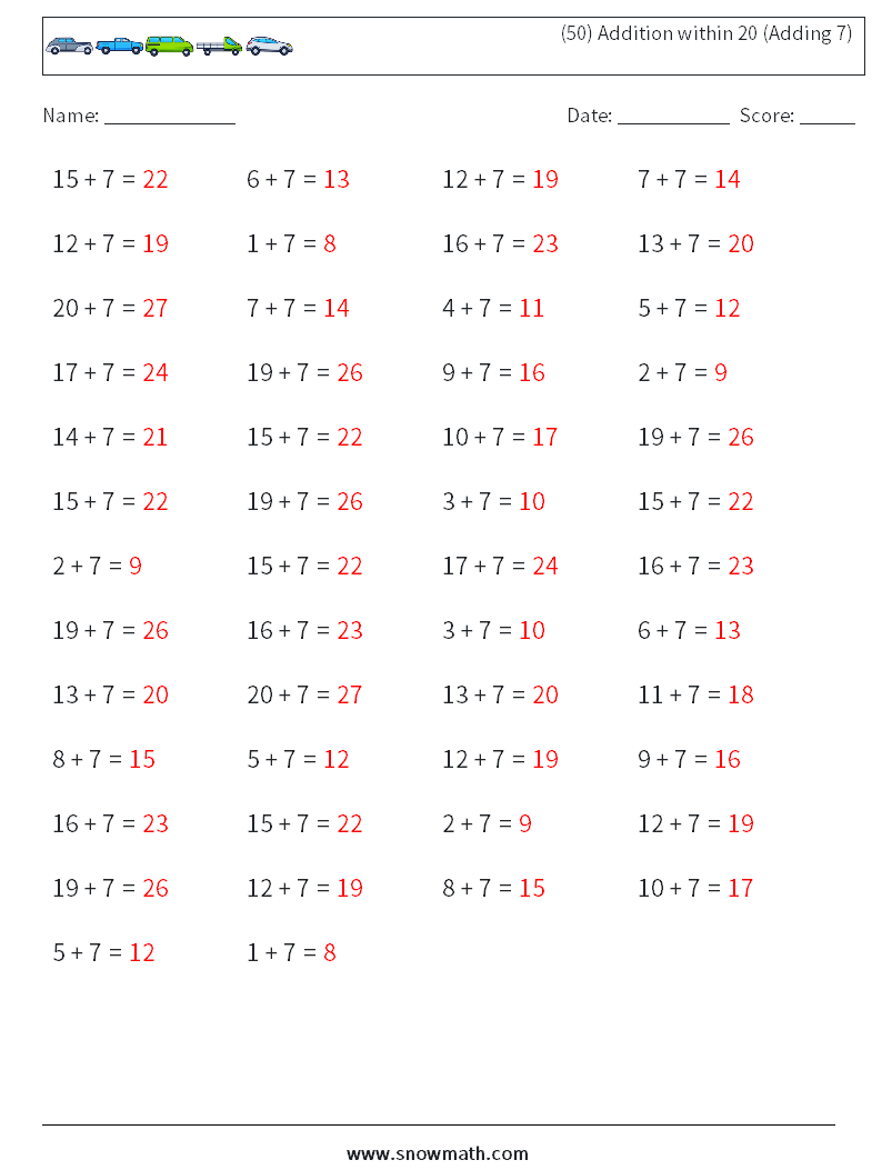 (50) Addition within 20 (Adding 7) Math Worksheets 7 Question, Answer