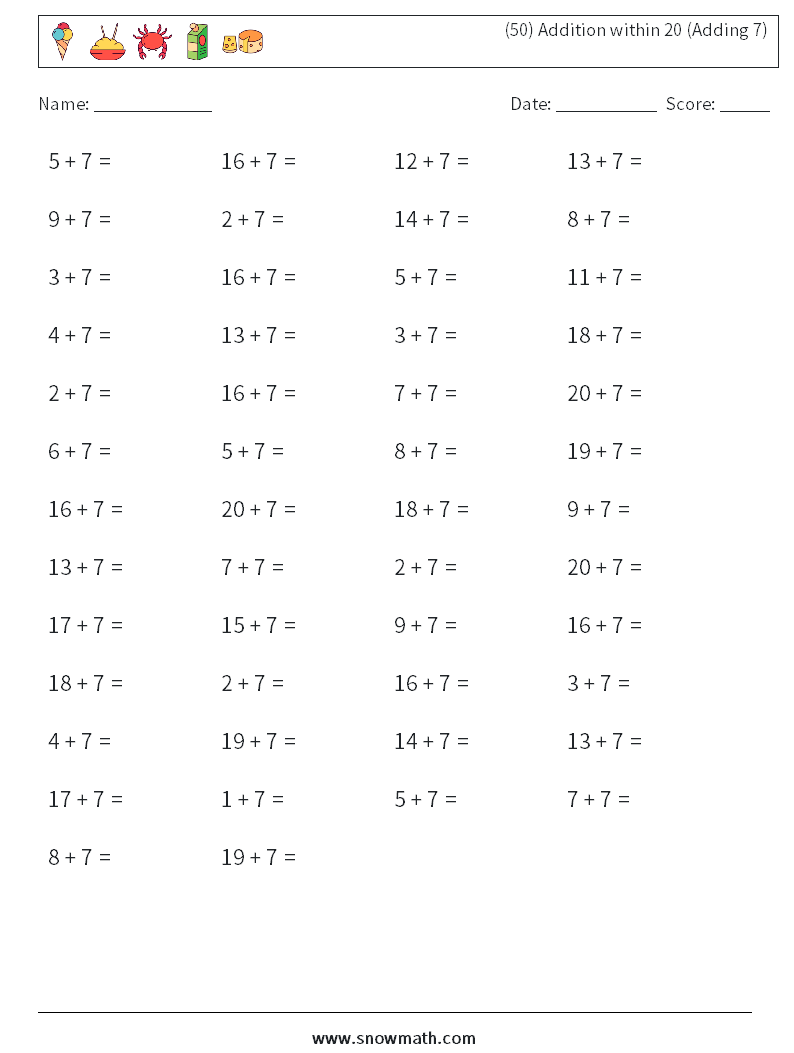 (50) Addition within 20 (Adding 7) Math Worksheets 8