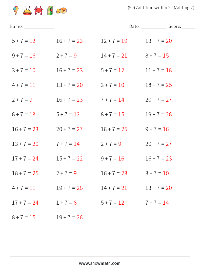 (50) Addition within 20 (Adding 7) Math Worksheets 8 Question, Answer