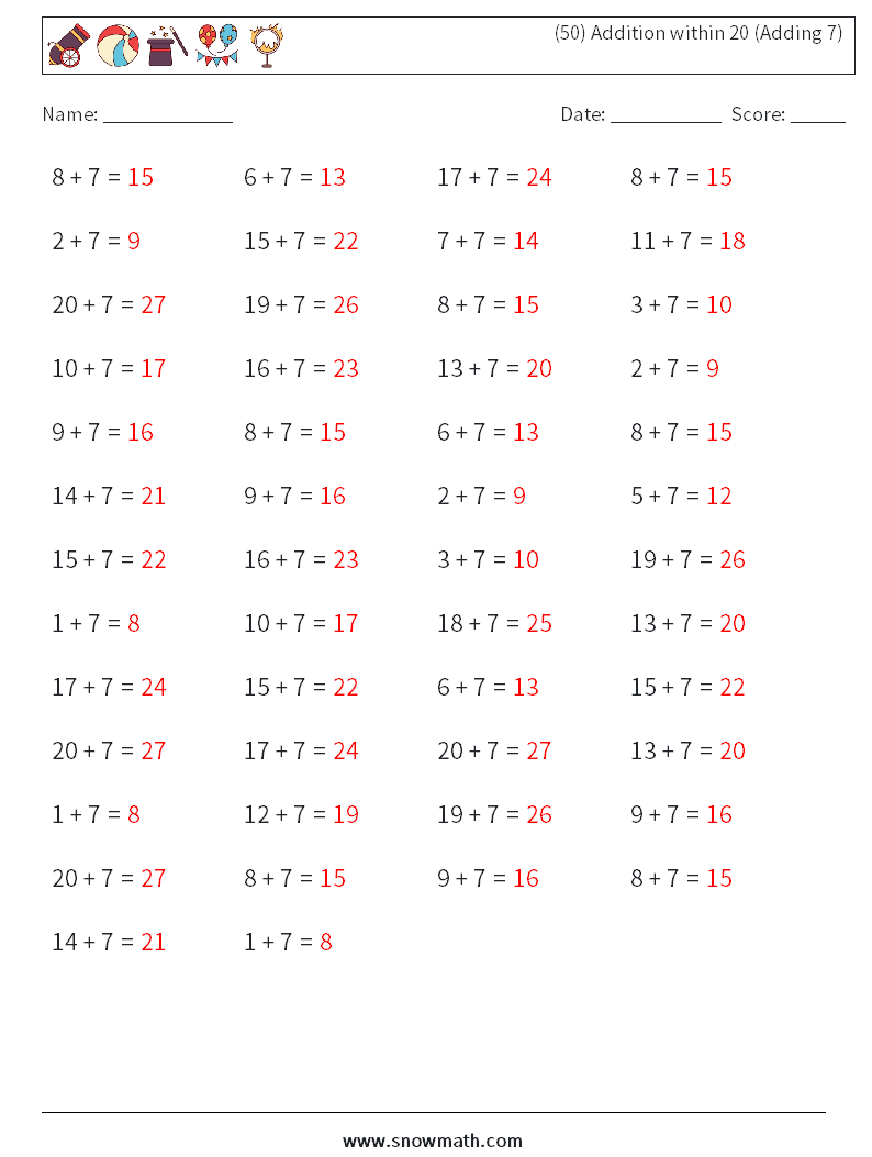 (50) Addition within 20 (Adding 7) Math Worksheets 9 Question, Answer