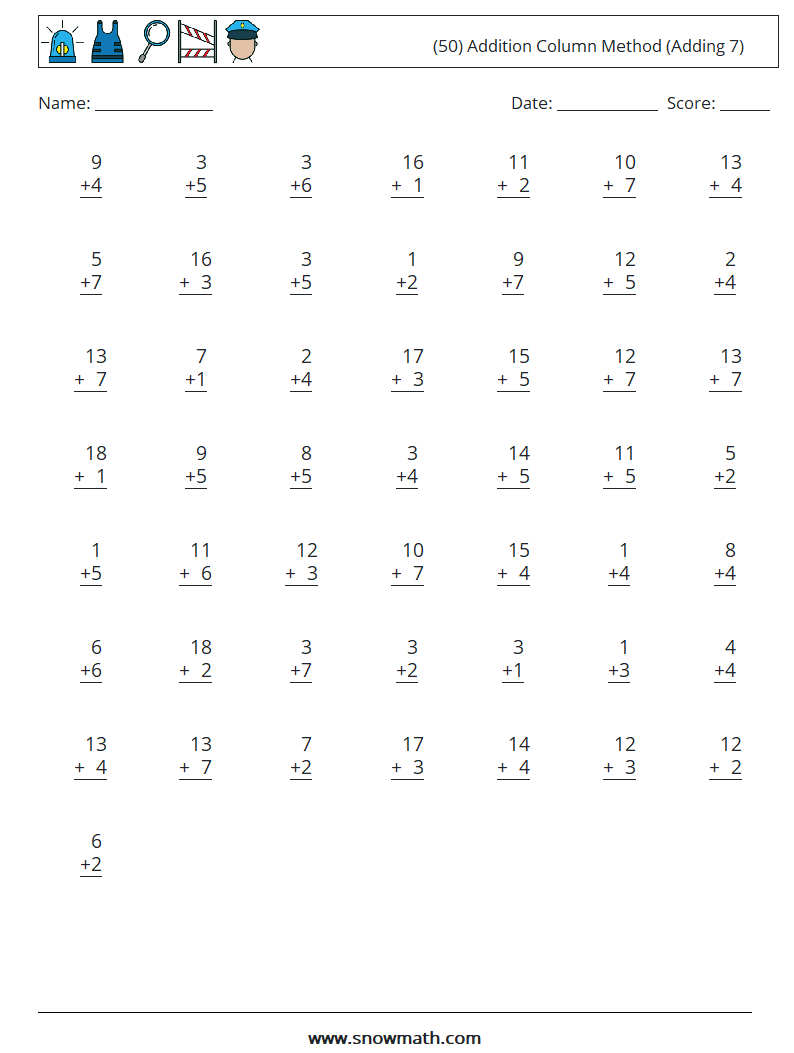 (50) Addition Column Method (Adding 7) Math Worksheets 1